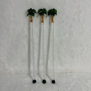 Set Of 3 Vintage Handcrafted Glass Palm Tree Drink Cocktail Stirrers tiki